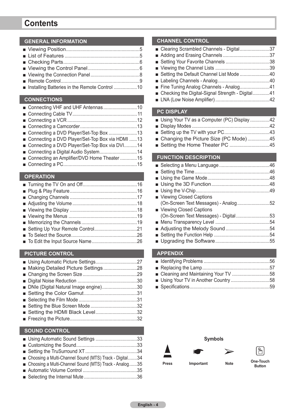 Samsung HLT5675SX-XAA User Manual | Page 4 / 128