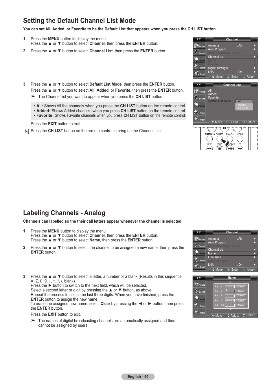 Setting the default channel list mode, Labeling channels - analog | Samsung HLT5675SX-XAA User Manual | Page 40 / 128