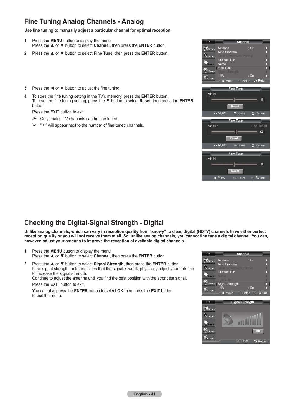 Fine tuning analog channels - analog, Checking the digital-signal strength - digital | Samsung HLT5675SX-XAA User Manual | Page 41 / 128