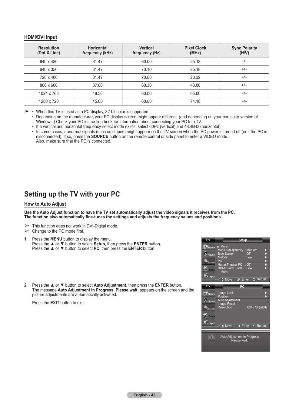 Setting up the tv with your pc | Samsung HLT5675SX-XAA User Manual | Page 43 / 128