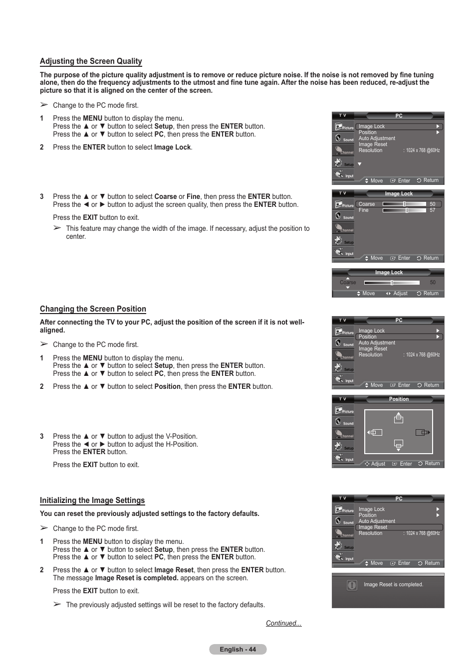 Changing the screen position, Initializing the image settings, Adjusting the screen quality | Samsung HLT5675SX-XAA User Manual | Page 44 / 128