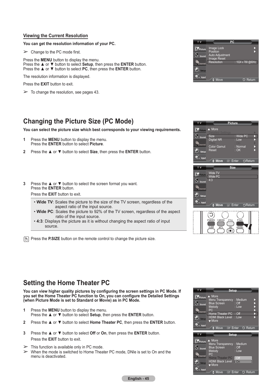 Changing the picture size (pc mode), Setting the home theater pc, Viewing the current resolution | Samsung HLT5675SX-XAA User Manual | Page 45 / 128