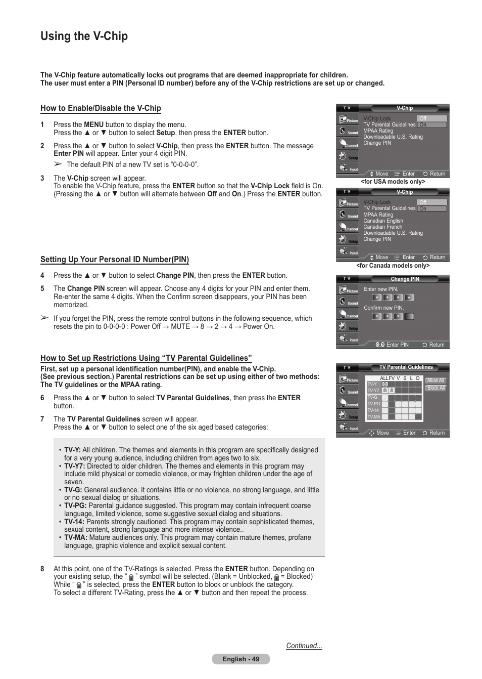 Using the v-chip | Samsung HLT5675SX-XAA User Manual | Page 49 / 128