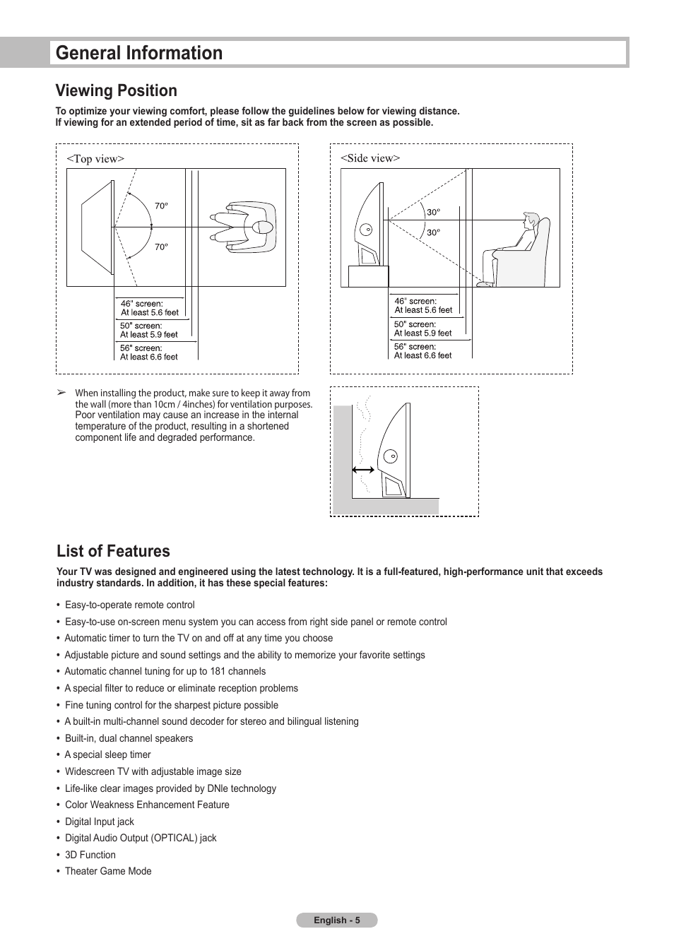 General information, Viewing position, List of features | Samsung HLT5675SX-XAA User Manual | Page 5 / 128