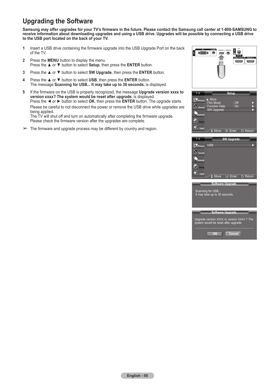 Upgrading the software | Samsung HLT5675SX-XAA User Manual | Page 55 / 128