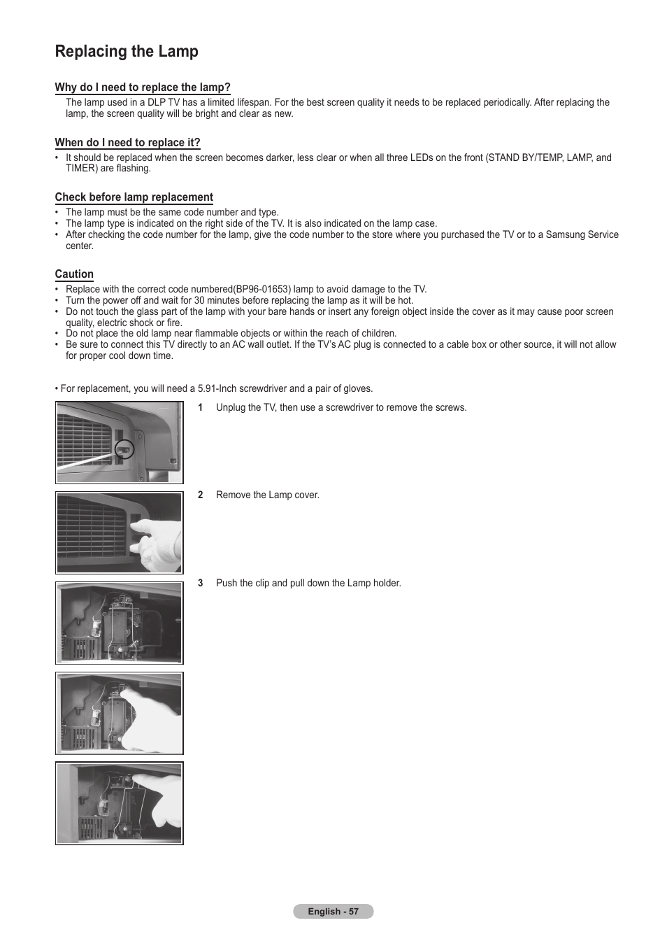 Replacing the lamp | Samsung HLT5675SX-XAA User Manual | Page 57 / 128