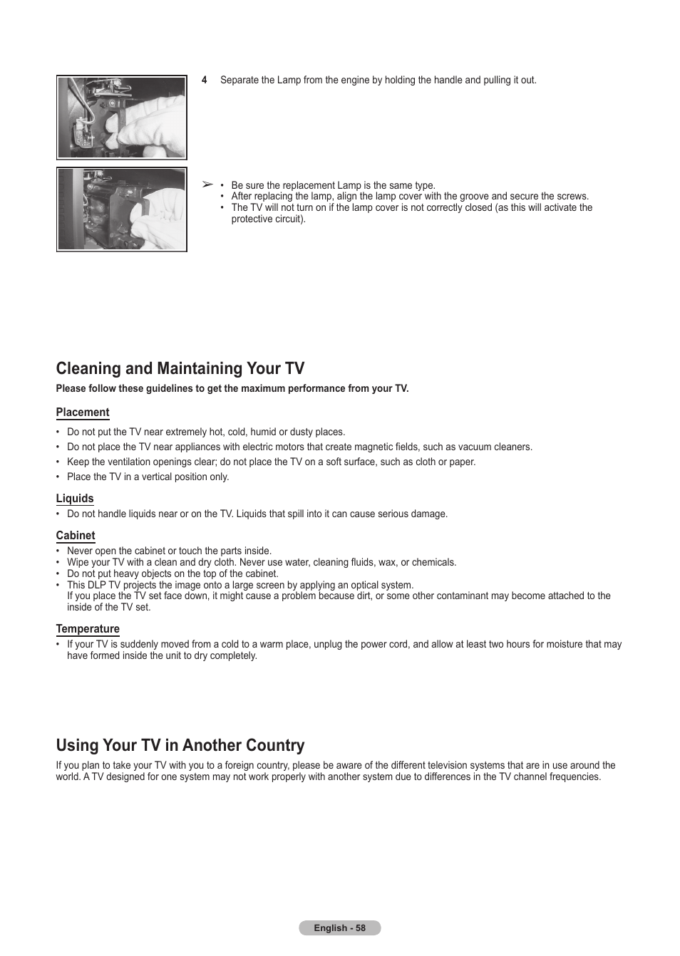 Cleaning and maintaining your tv, Using your tv in another country | Samsung HLT5675SX-XAA User Manual | Page 58 / 128