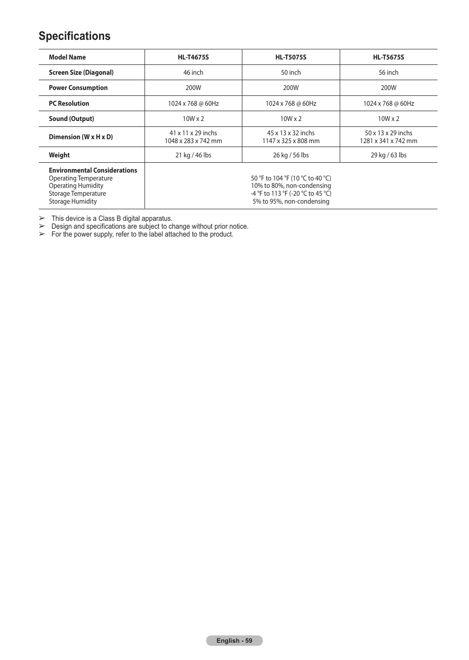 Specifications | Samsung HLT5675SX-XAA User Manual | Page 59 / 128