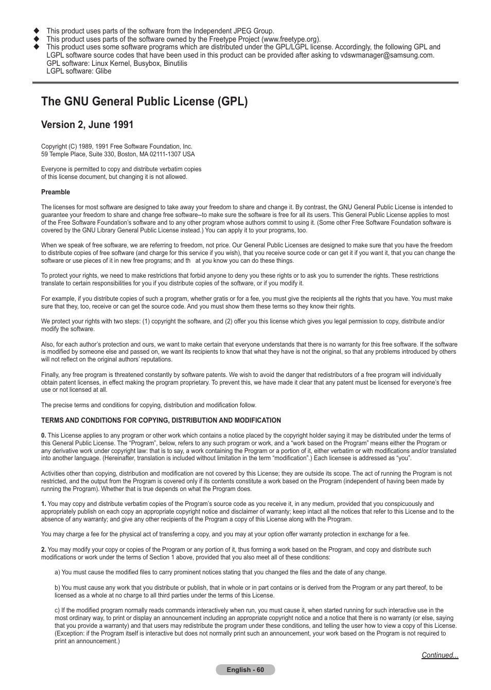The gnu general public license (gpl) | Samsung HLT5675SX-XAA User Manual | Page 60 / 128