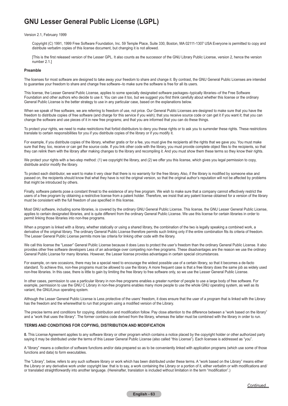 Gnu lesser general public license (lgpl) | Samsung HLT5675SX-XAA User Manual | Page 63 / 128