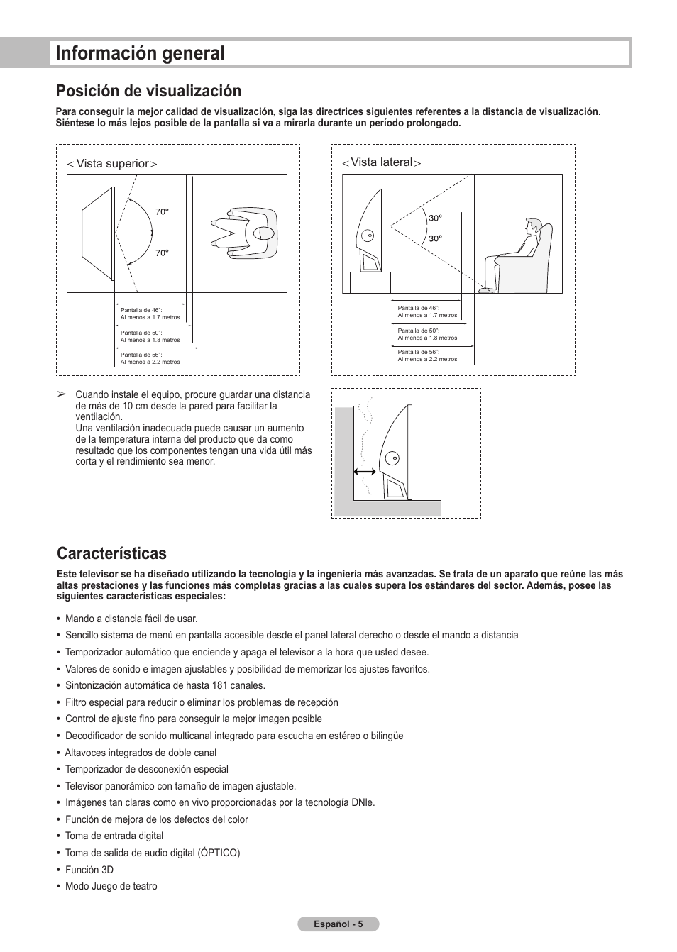 Información general, Características, Posición de visualización | Vista superior, Vista lateral vista superior, Vista lateral | Samsung HLT5675SX-XAA User Manual | Page 71 / 128