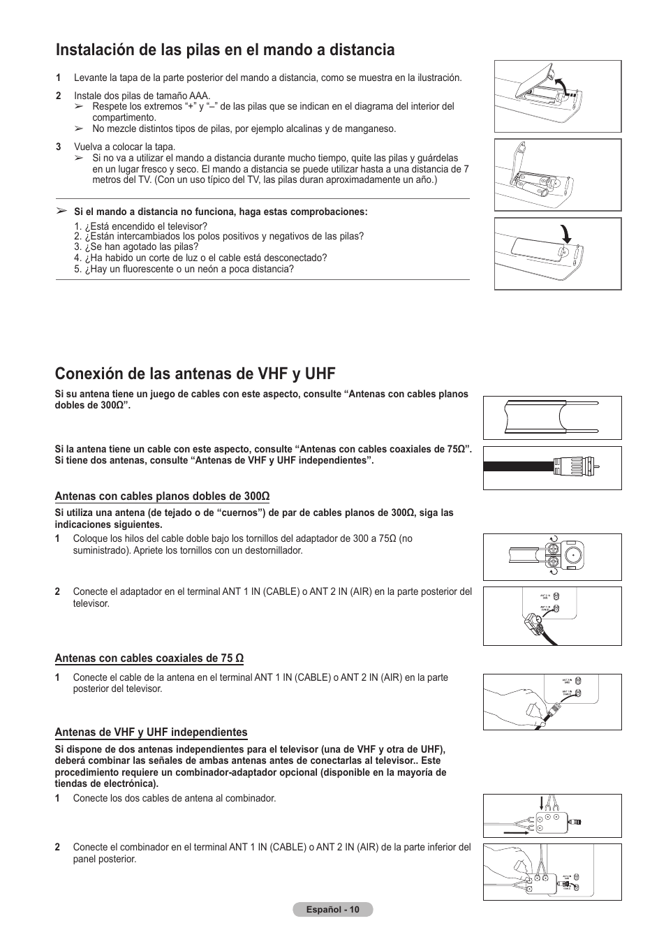 Instalación de las pilas en el mando a distancia, Conexión de las antenas de vhf y uhf | Samsung HLT5675SX-XAA User Manual | Page 76 / 128