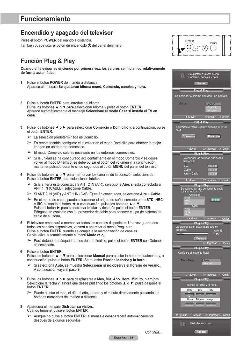 Funcionamiento, Encendido y apagado del televisor, Función plug & play | Samsung HLT5675SX-XAA User Manual | Page 82 / 128