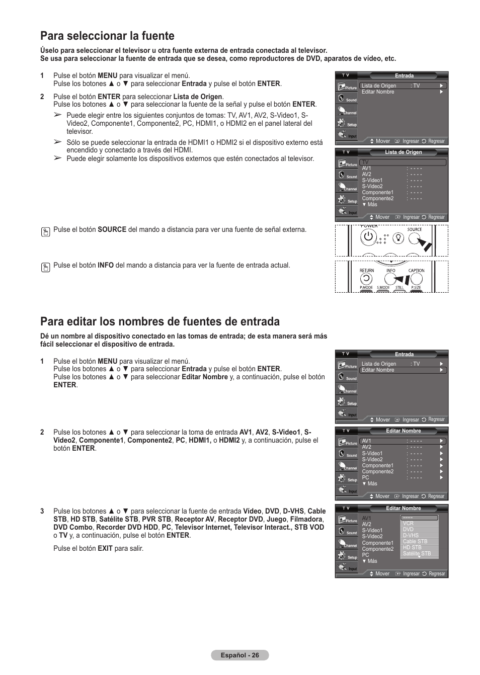 Para seleccionar la fuente, Para editar los nombres de fuentes de entrada | Samsung HLT5675SX-XAA User Manual | Page 92 / 128