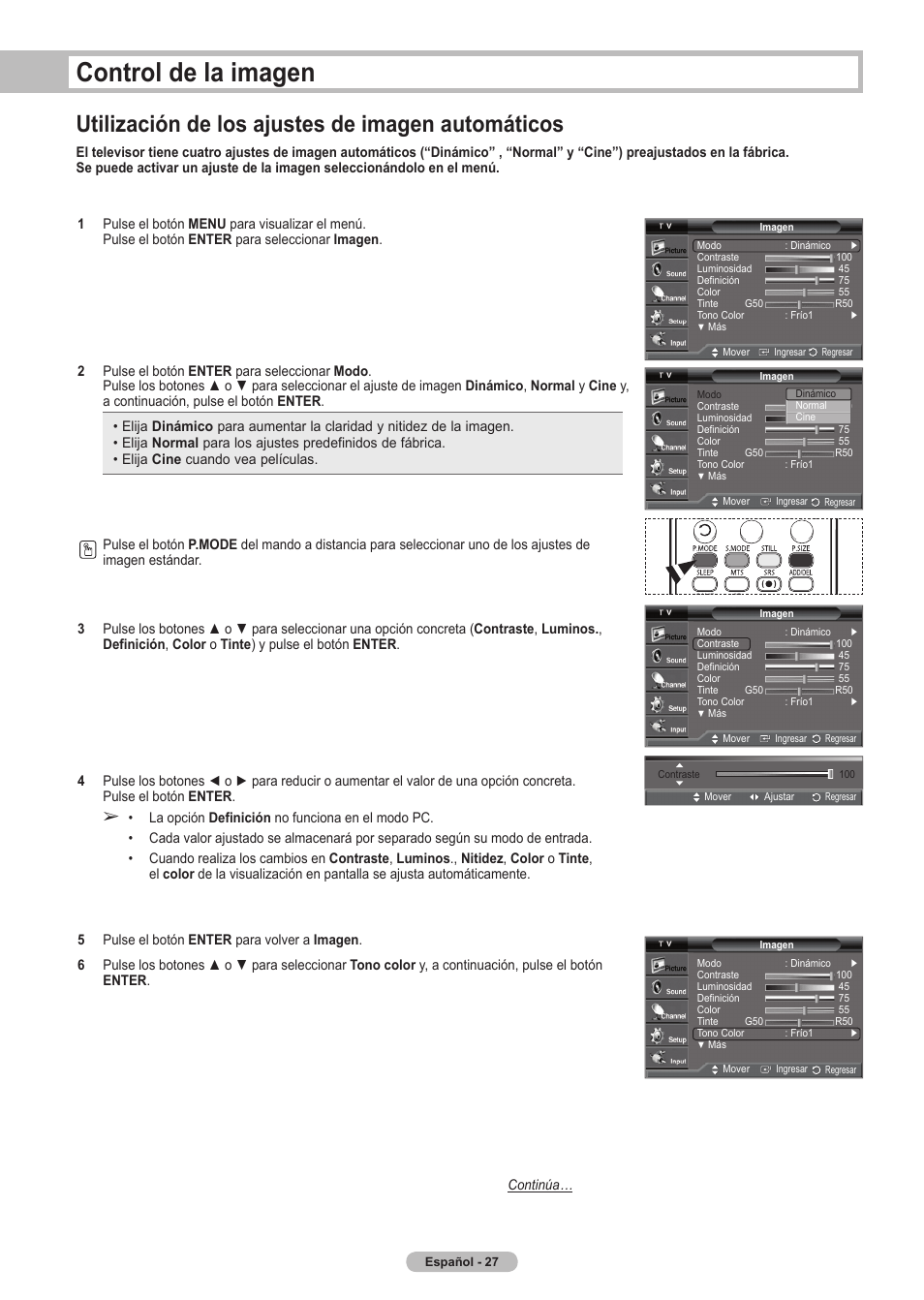 Control de la imagen, Utilización de los ajustes de imagen automáticos | Samsung HLT5675SX-XAA User Manual | Page 93 / 128