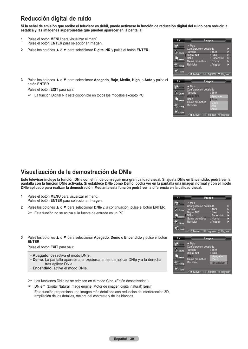 Reducción digital de ruido, Visualización de la demostración de dnie | Samsung HLT5675SX-XAA User Manual | Page 96 / 128