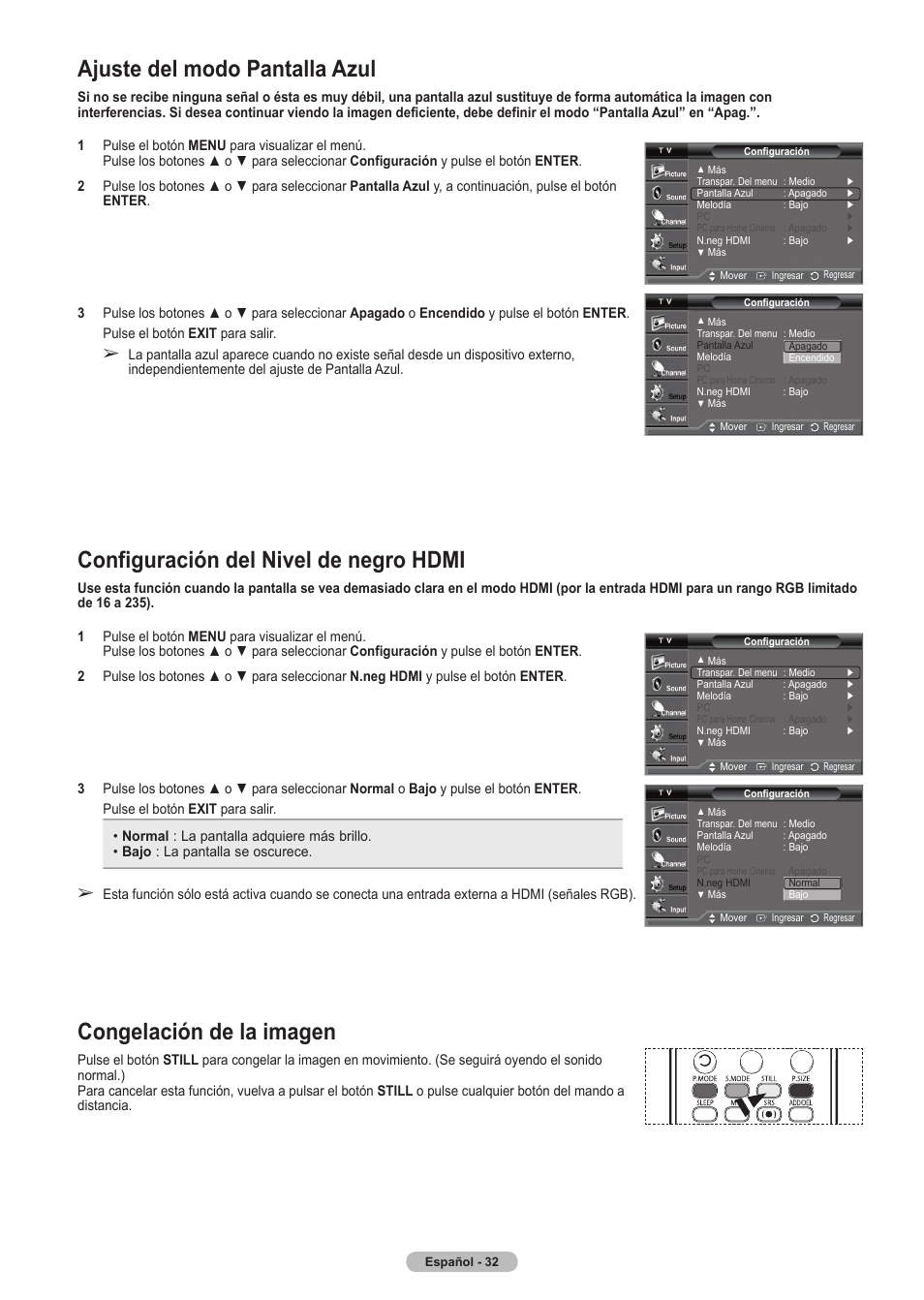 Congelación de la imagen, Configuración del nivel de negro hdmi, Ajuste del modo pantalla azul | Samsung HLT5675SX-XAA User Manual | Page 98 / 128