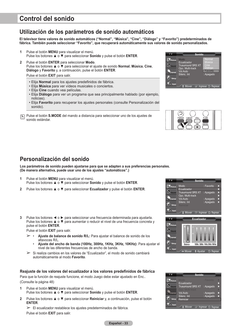 Control del sonido, Personalización del sonido | Samsung HLT5675SX-XAA User Manual | Page 99 / 128