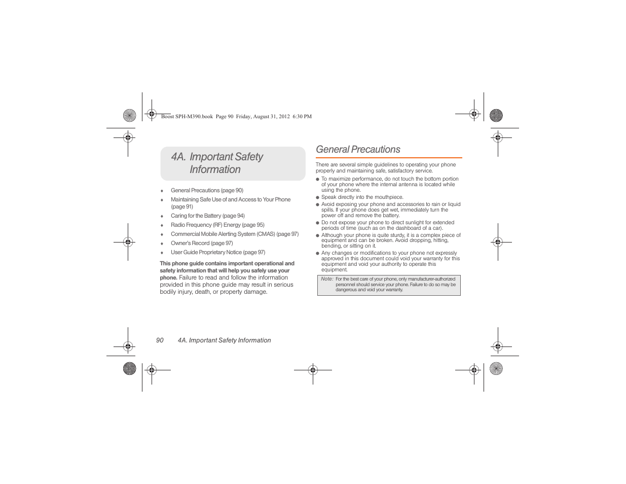 4a. important safety information, General precautions | Samsung SPH-M390ZKABST User Manual | Page 100 / 120