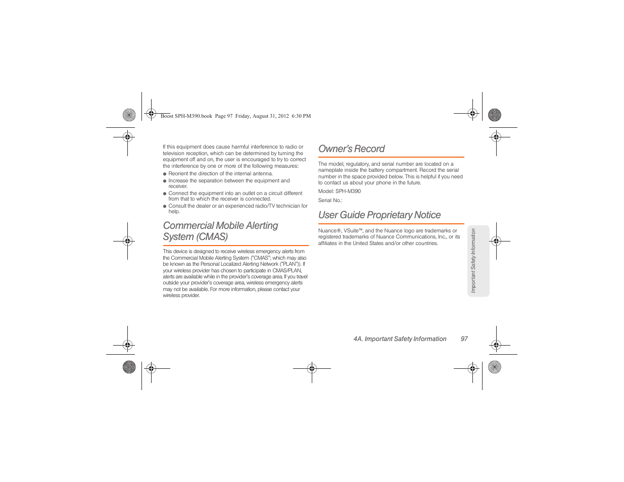 Commercial mobile alerting system (cmas), Owner’s record, User guide proprietary notice | Samsung SPH-M390ZKABST User Manual | Page 107 / 120