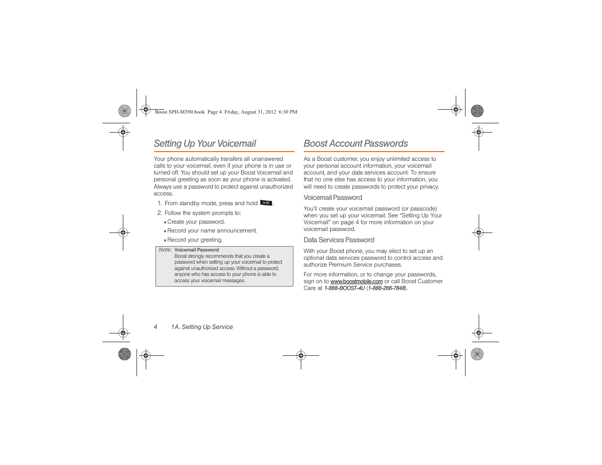 Setting up your voicemail, Boost account passwords | Samsung SPH-M390ZKABST User Manual | Page 14 / 120