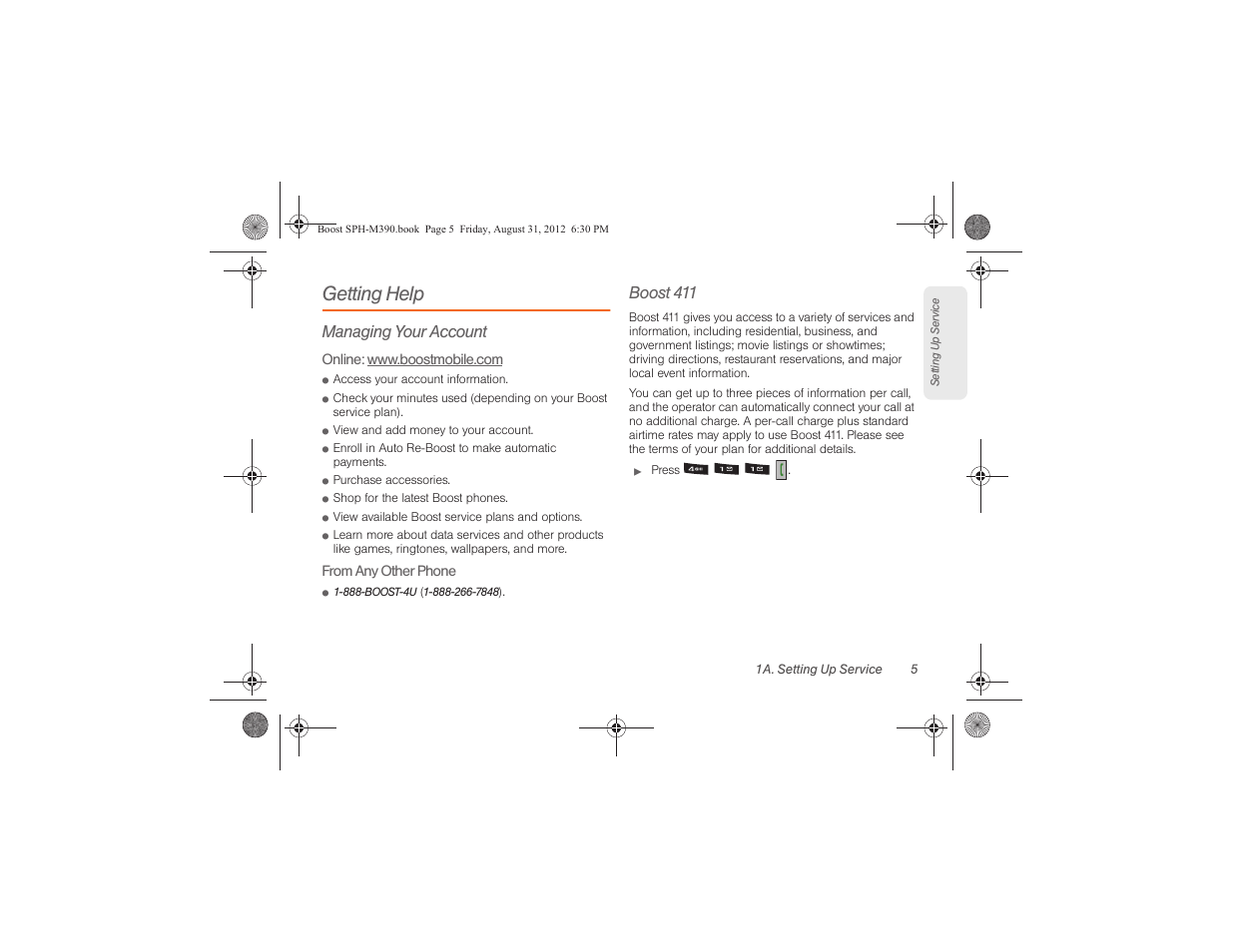 Getting help, Managing your account, Boost 411 | Samsung SPH-M390ZKABST User Manual | Page 15 / 120