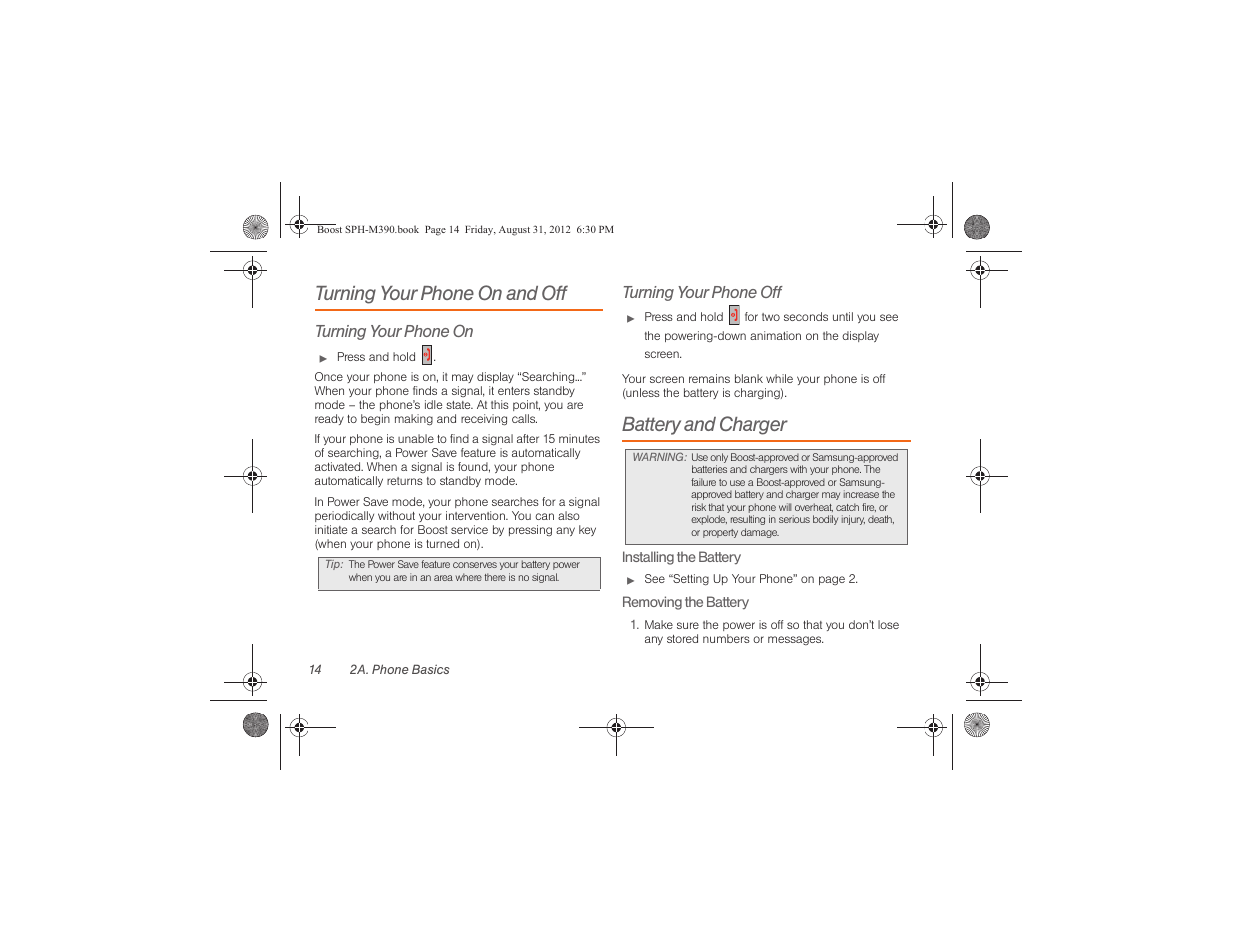 Turning your phone on and off, Battery and charger, Turning your phone on | Turning your phone off | Samsung SPH-M390ZKABST User Manual | Page 24 / 120