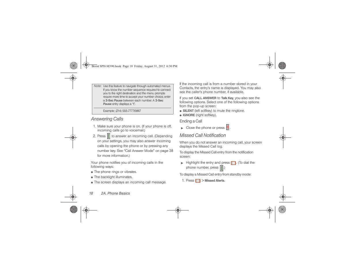 Answering calls, Missed call notification | Samsung SPH-M390ZKABST User Manual | Page 28 / 120