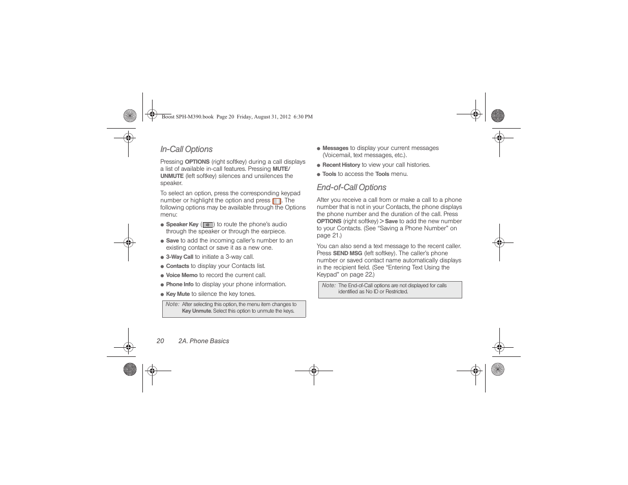 In-call options, End-of-call options | Samsung SPH-M390ZKABST User Manual | Page 30 / 120