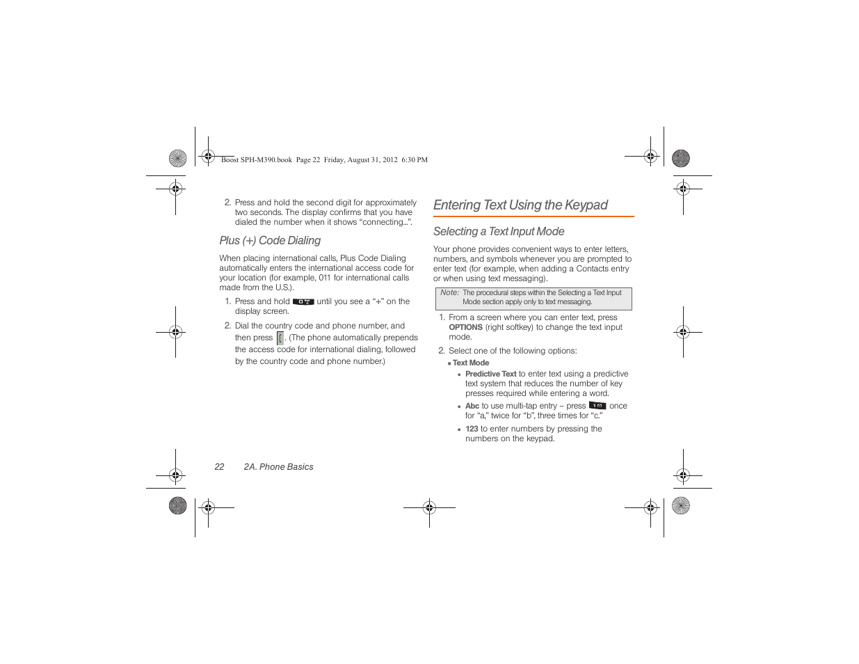 Entering text using the keypad, Plus (+) code dialing, Selecting a text input mode | Samsung SPH-M390ZKABST User Manual | Page 32 / 120