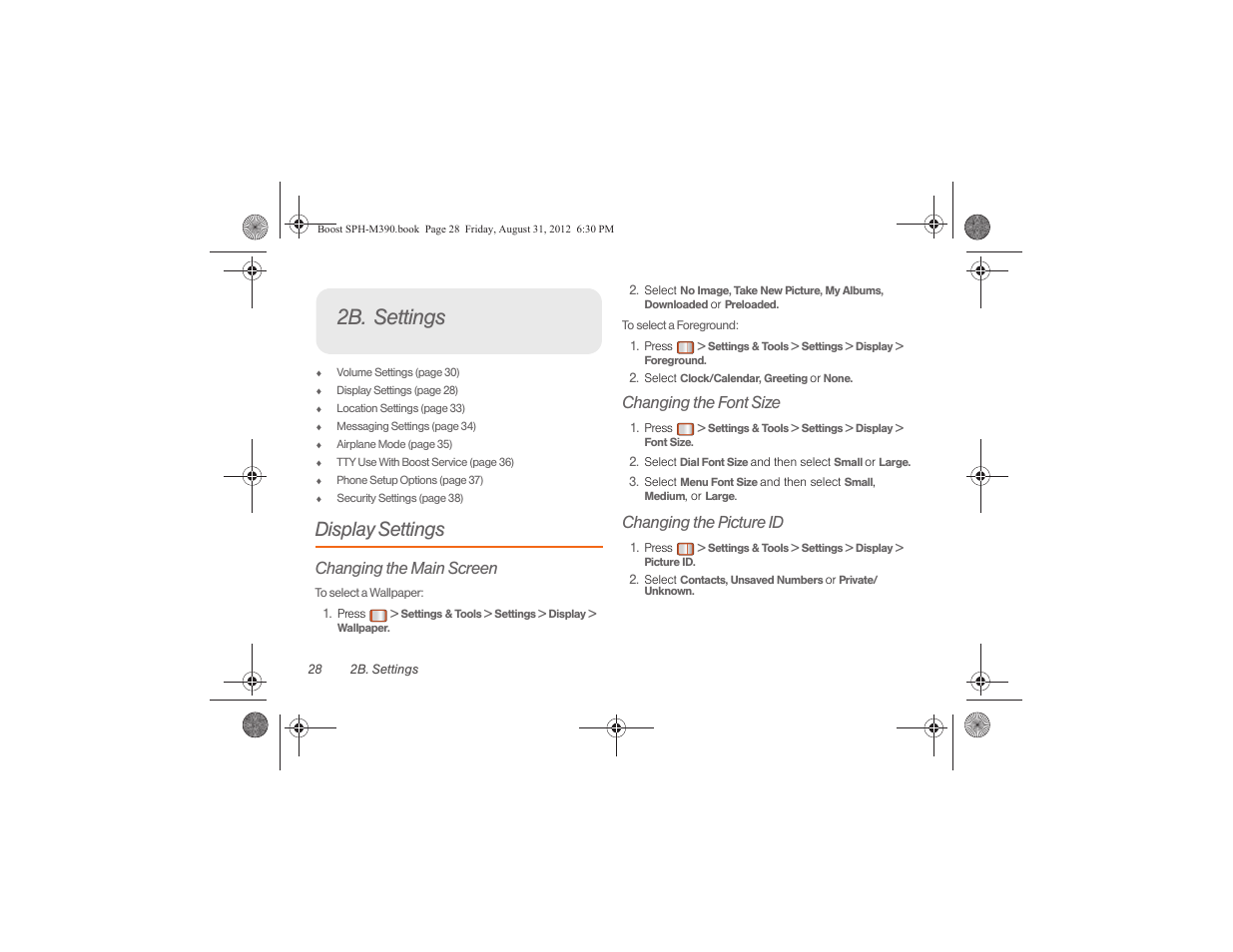 2b. settings, Display settings, Changing the main screen | Changing the font size, Changing the picture id | Samsung SPH-M390ZKABST User Manual | Page 38 / 120