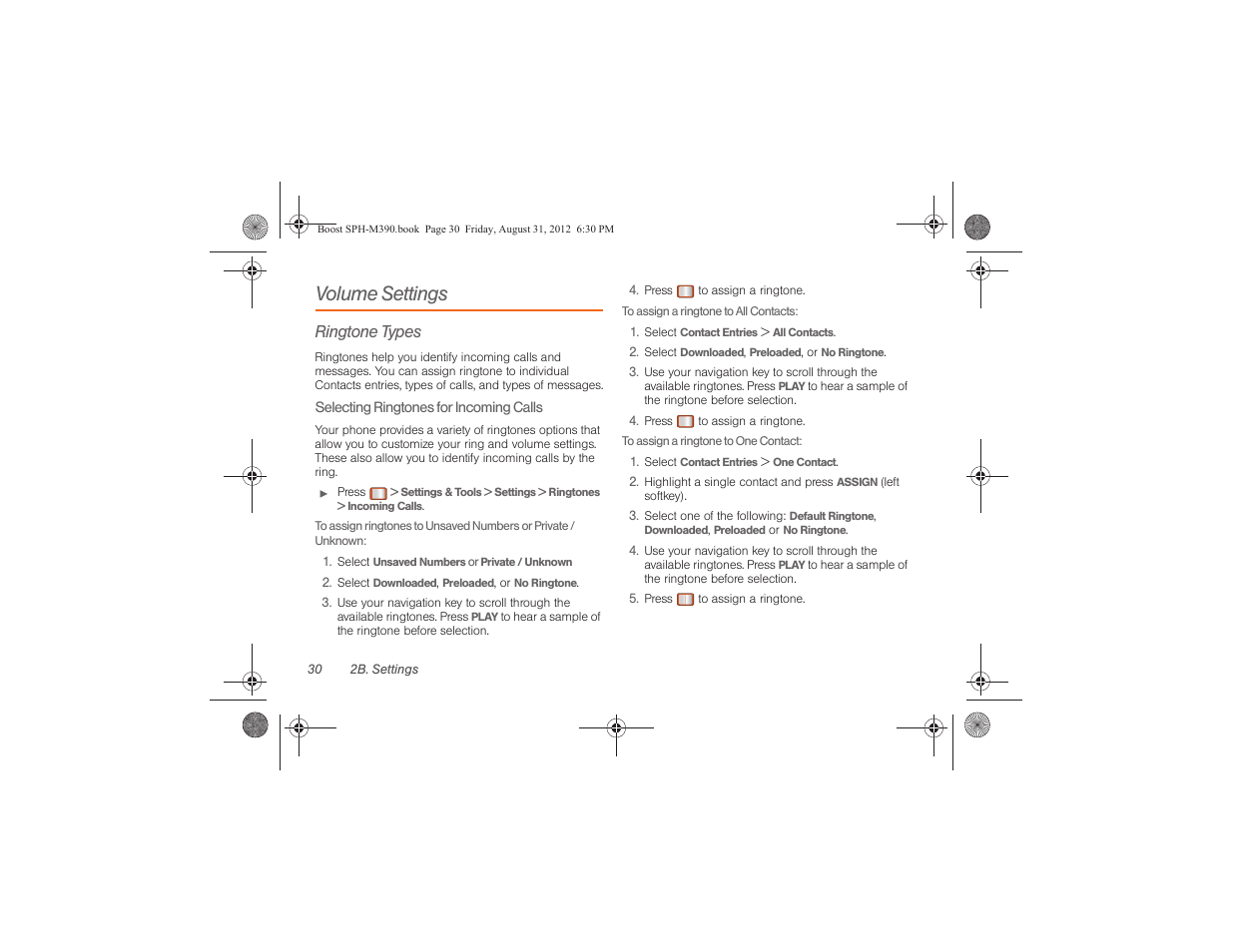 Volume settings, Ringtone types | Samsung SPH-M390ZKABST User Manual | Page 40 / 120