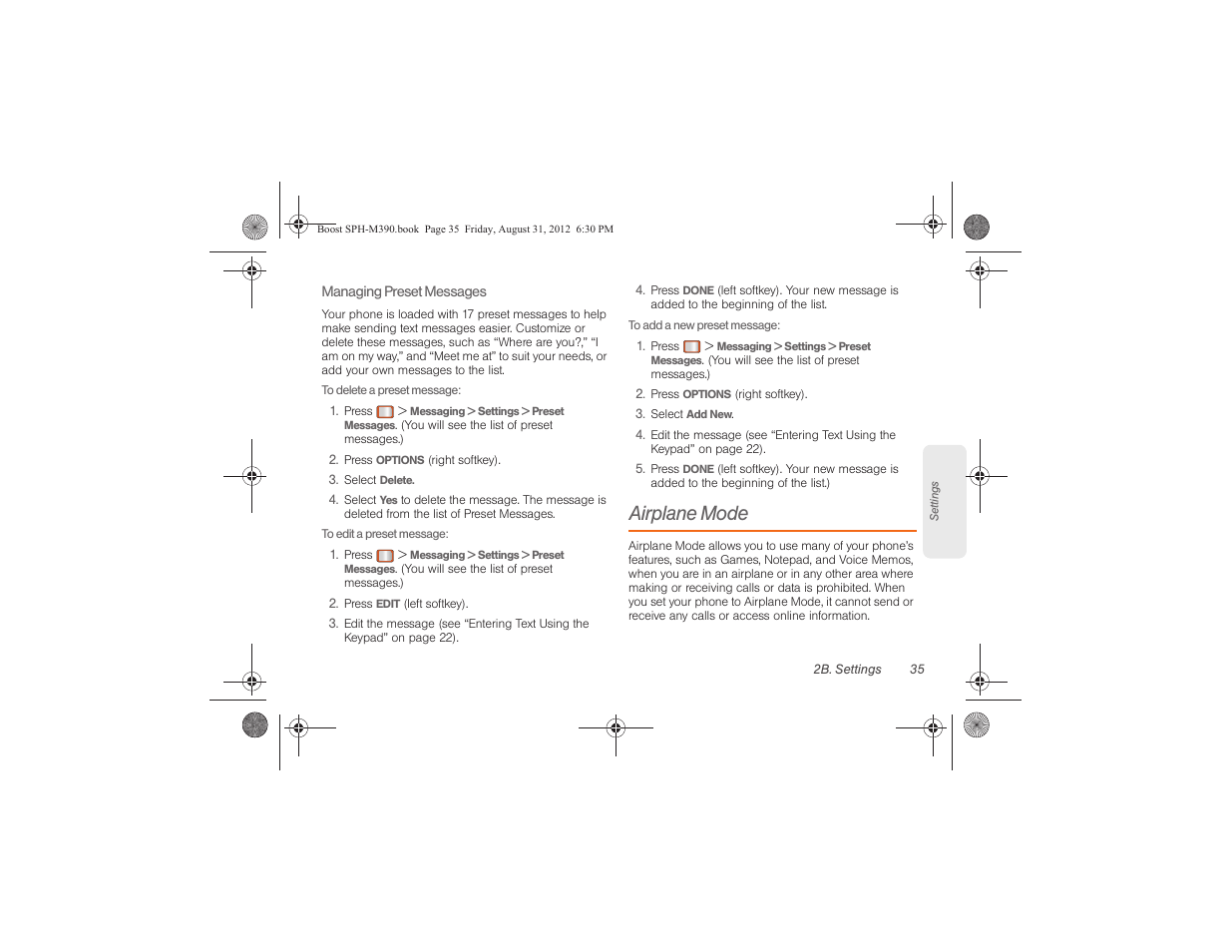 Airplane mode | Samsung SPH-M390ZKABST User Manual | Page 45 / 120