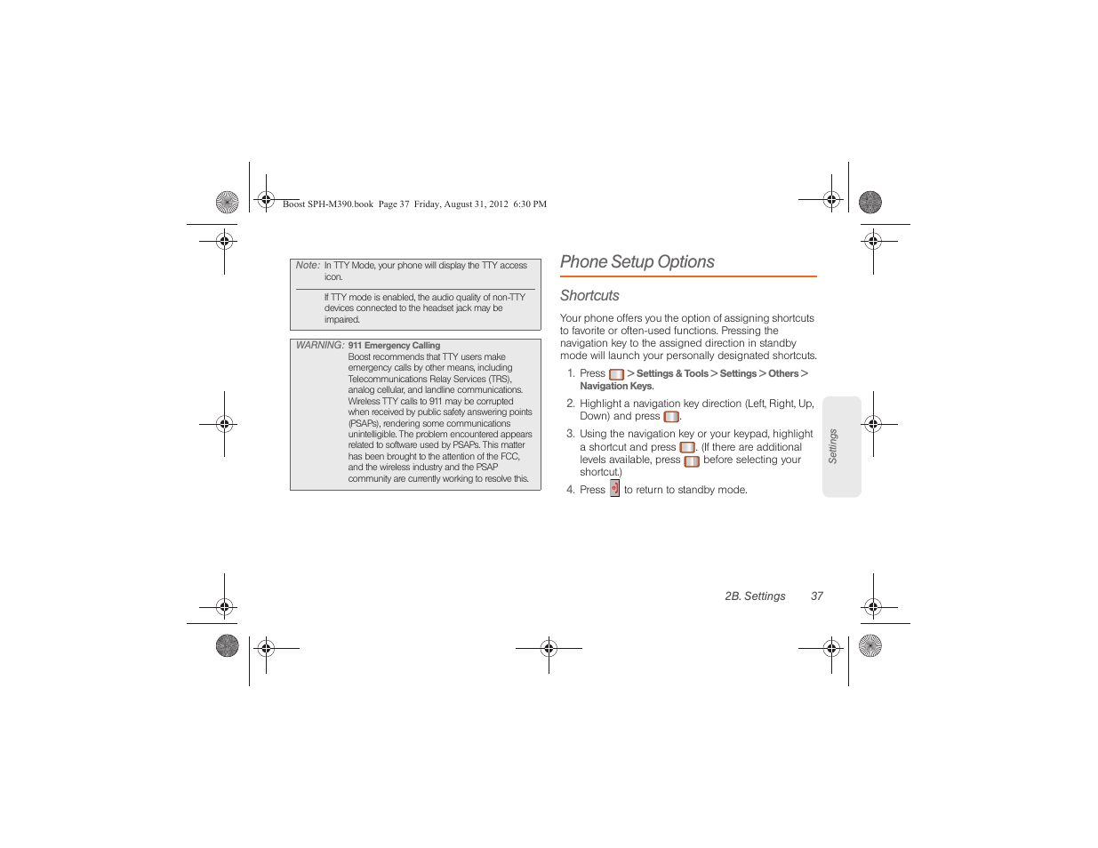 Phone setup options, Shortcuts | Samsung SPH-M390ZKABST User Manual | Page 47 / 120