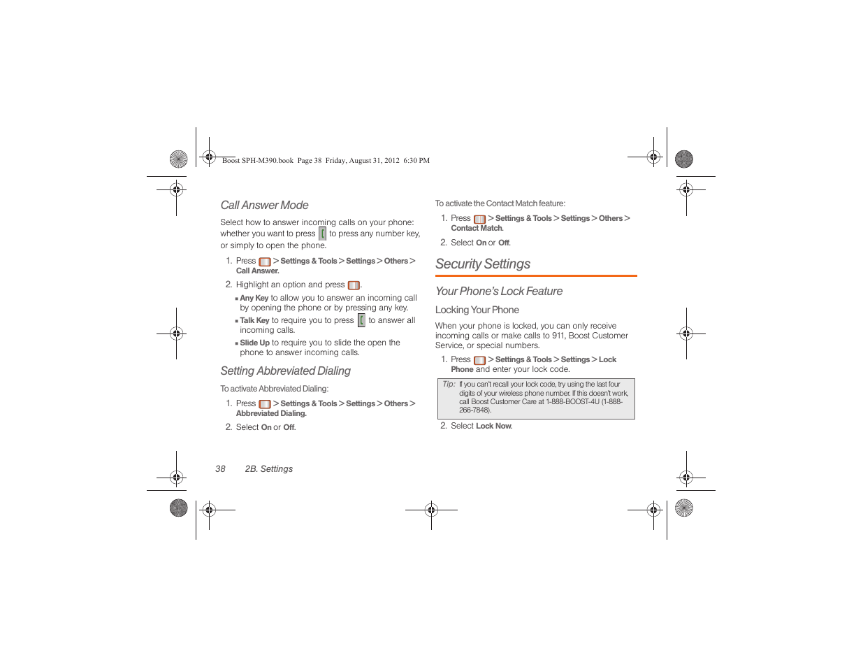 Security settings, Call answer mode, Setting abbreviated dialing | Your phone’s lock feature | Samsung SPH-M390ZKABST User Manual | Page 48 / 120