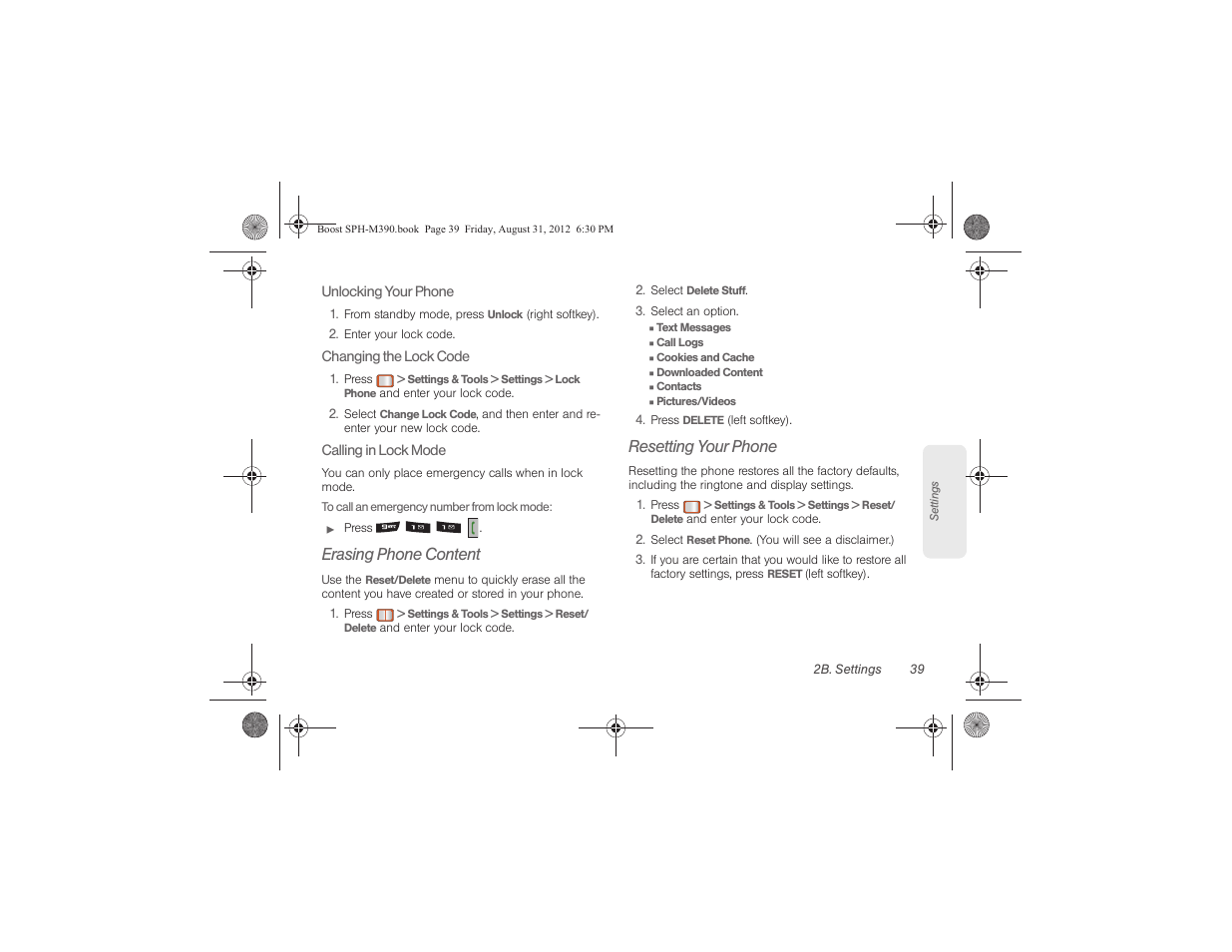 Erasing phone content, Resetting your phone | Samsung SPH-M390ZKABST User Manual | Page 49 / 120