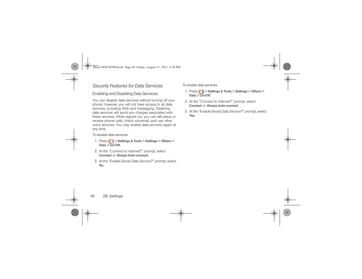 Security features for data services | Samsung SPH-M390ZKABST User Manual | Page 50 / 120