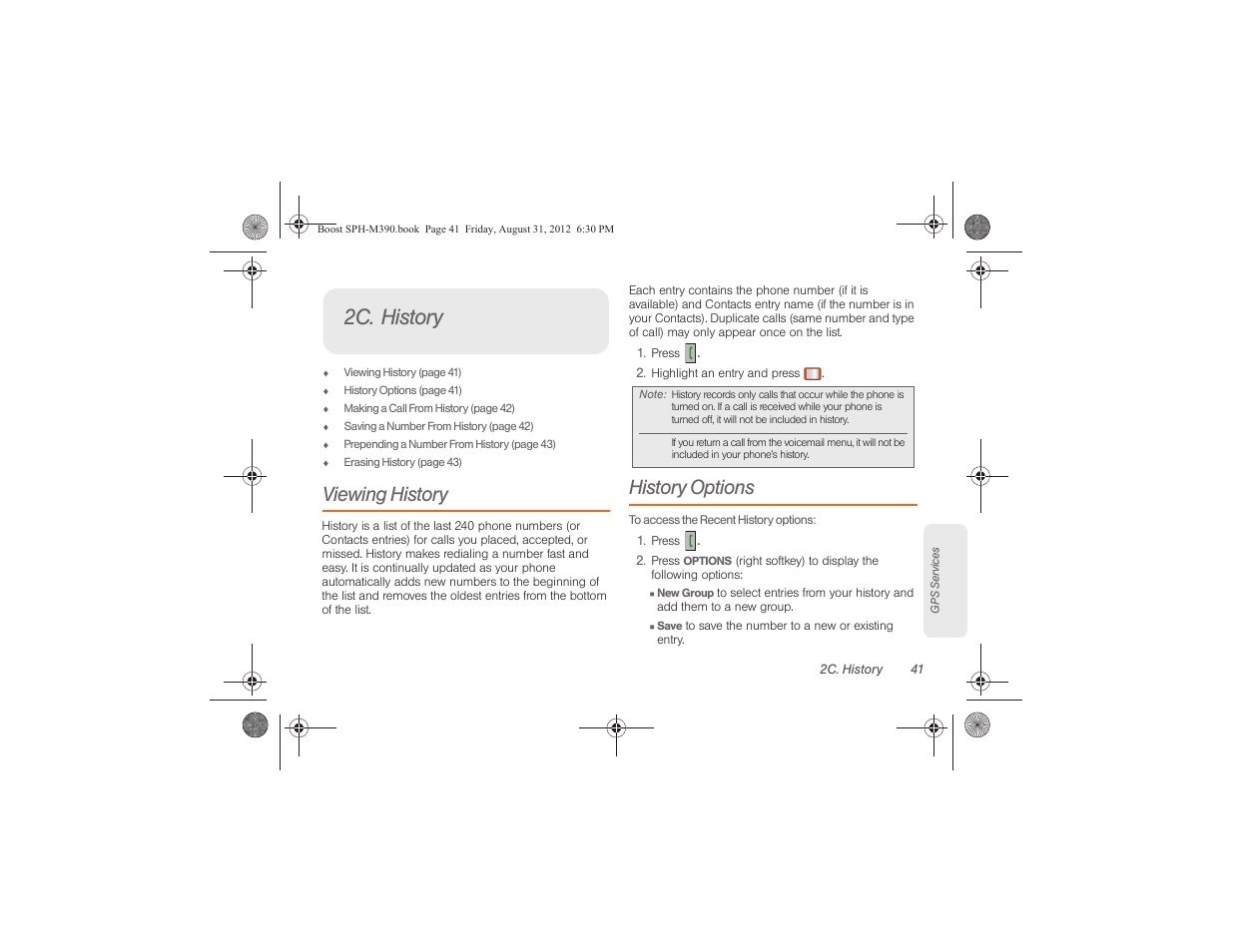 2c. history, Viewing history, History options | Samsung SPH-M390ZKABST User Manual | Page 51 / 120