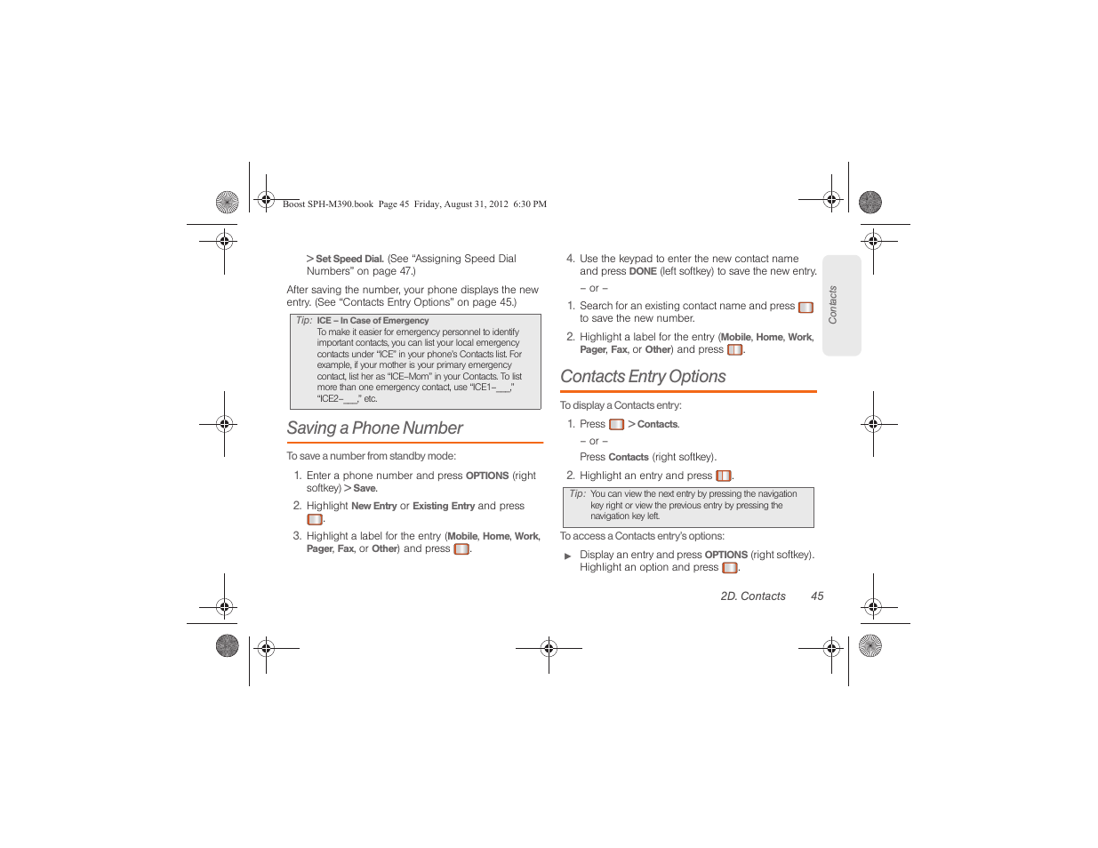 Saving a phone number, Contacts entry options | Samsung SPH-M390ZKABST User Manual | Page 55 / 120