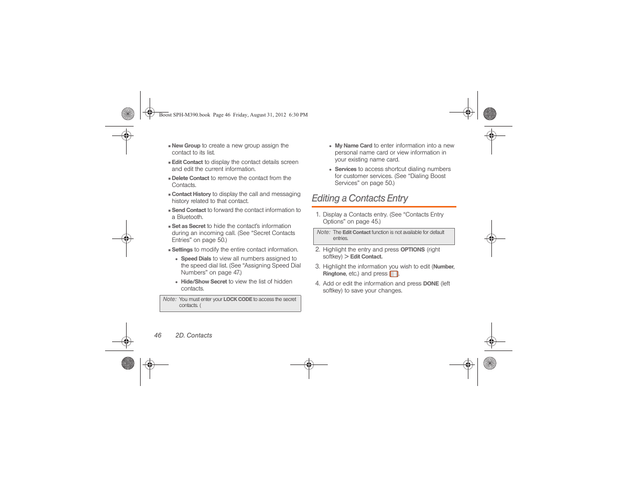 Editing a contacts entry | Samsung SPH-M390ZKABST User Manual | Page 56 / 120