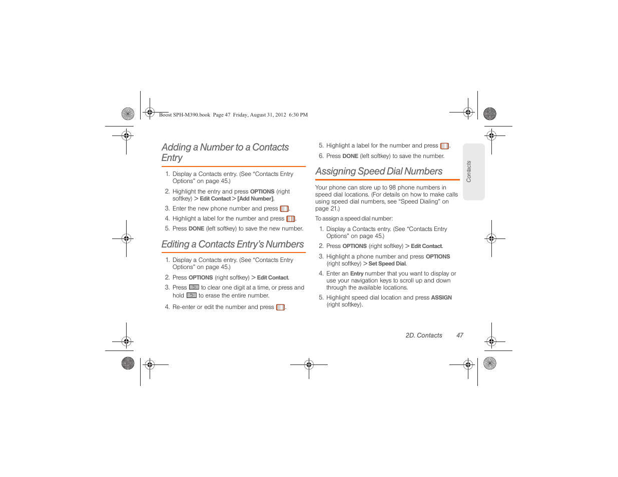 Adding a number to a contacts entry, Editing a contacts entry’s numbers, Assigning speed dial numbers | Samsung SPH-M390ZKABST User Manual | Page 57 / 120