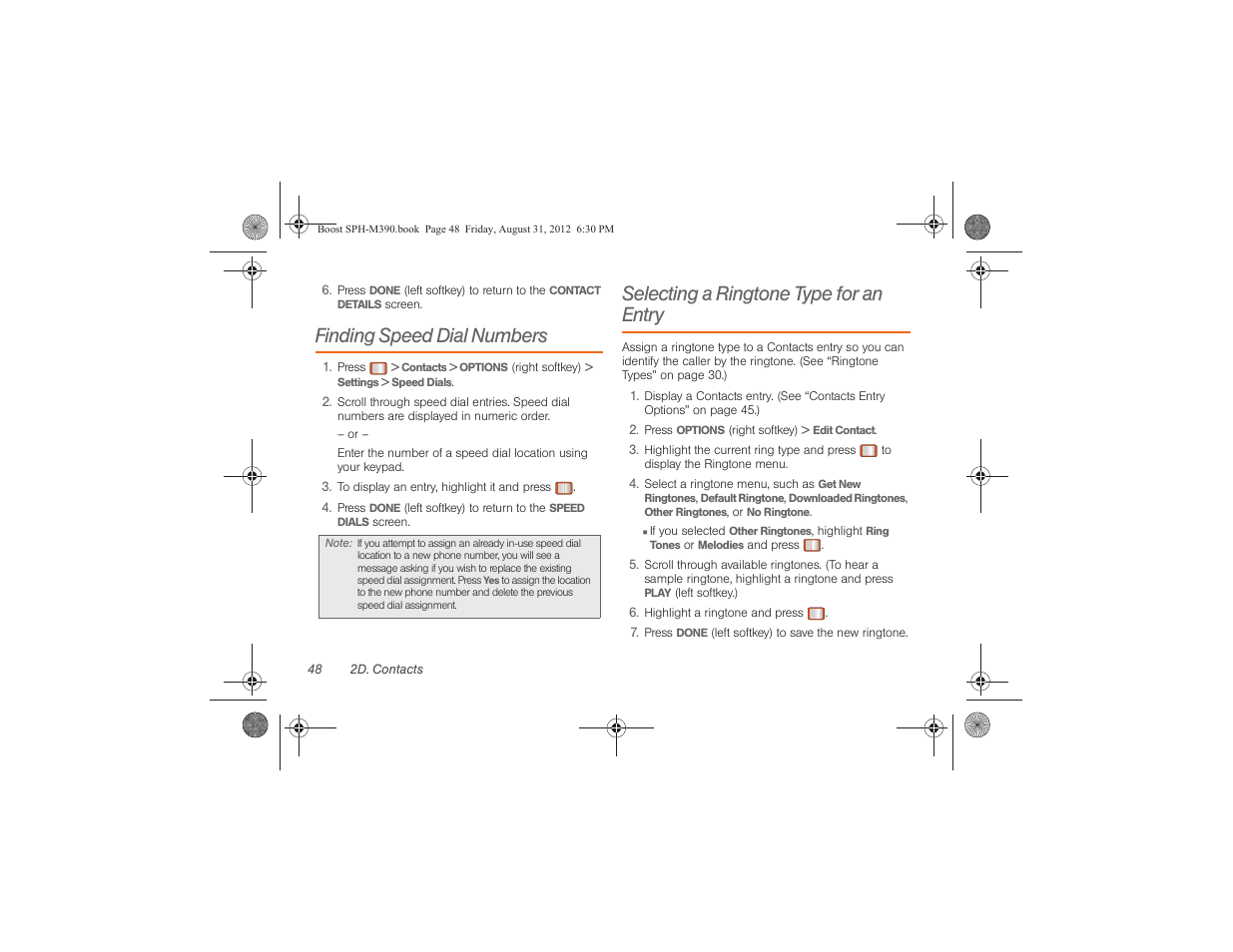 Finding speed dial numbers, Selecting a ringtone type for an entry | Samsung SPH-M390ZKABST User Manual | Page 58 / 120