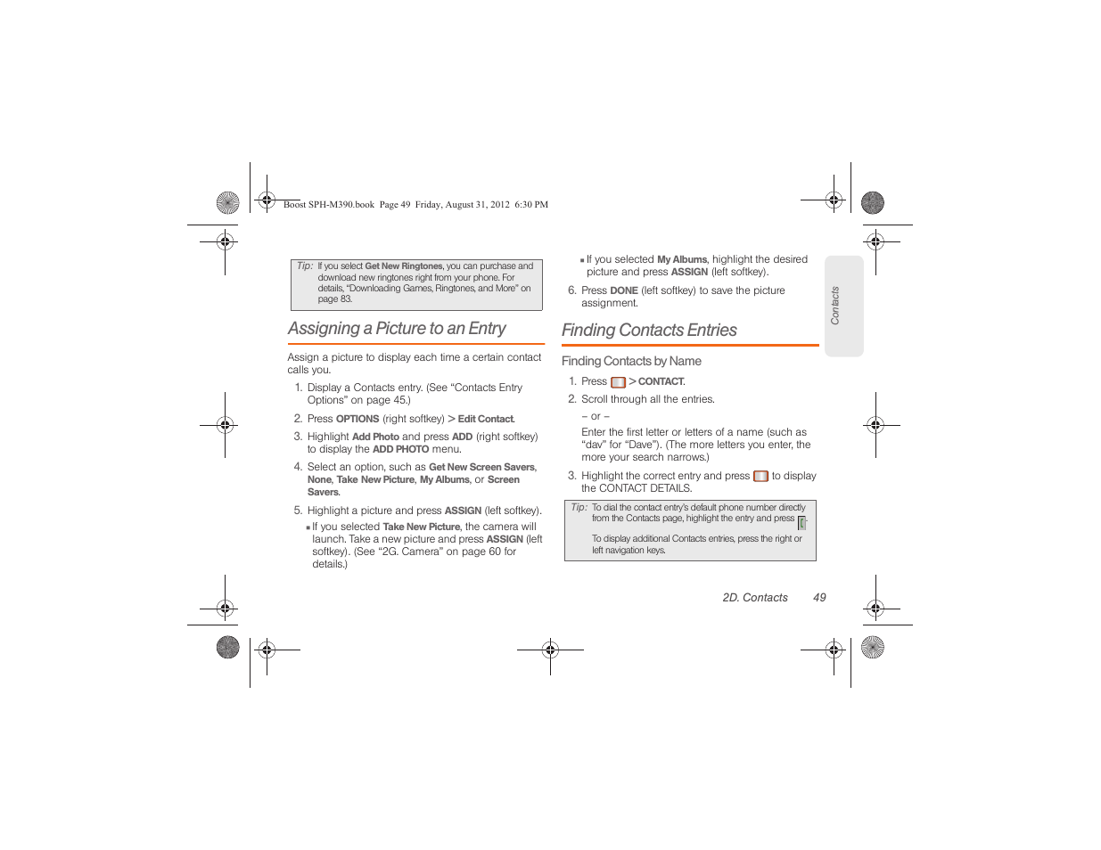 Assigning a picture to an entry, Finding contacts entries | Samsung SPH-M390ZKABST User Manual | Page 59 / 120
