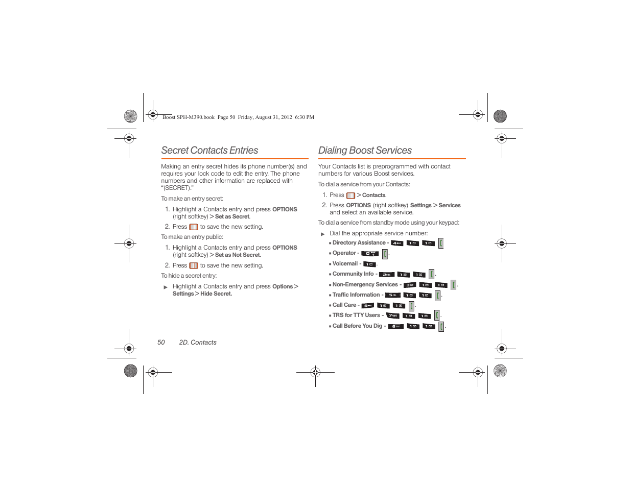 Secret contacts entries, Dialing boost services | Samsung SPH-M390ZKABST User Manual | Page 60 / 120