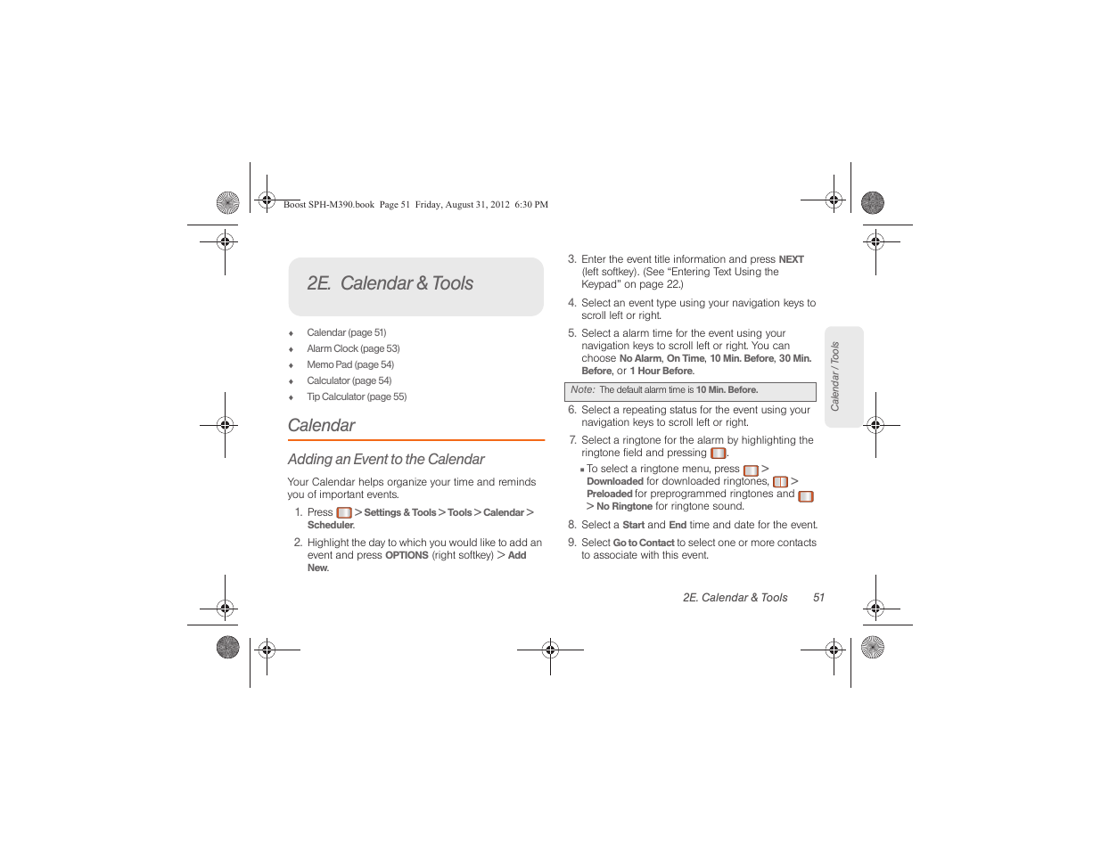 2e. calendar & tools, Calendar, Adding an event to the calendar | Samsung SPH-M390ZKABST User Manual | Page 61 / 120