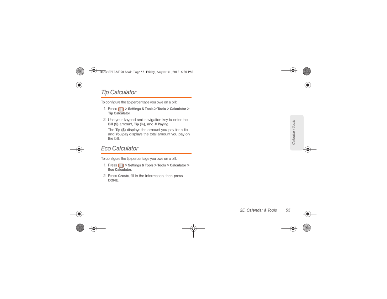 Tip calculator, Eco calculator | Samsung SPH-M390ZKABST User Manual | Page 65 / 120