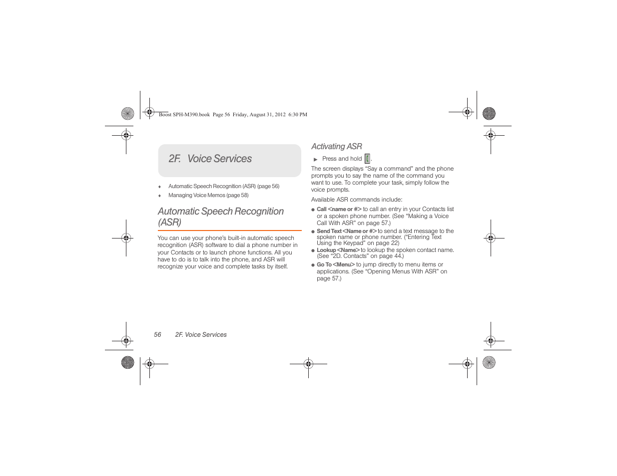 2f. voice services, Automatic speech recognition (asr), Activating asr | Samsung SPH-M390ZKABST User Manual | Page 66 / 120