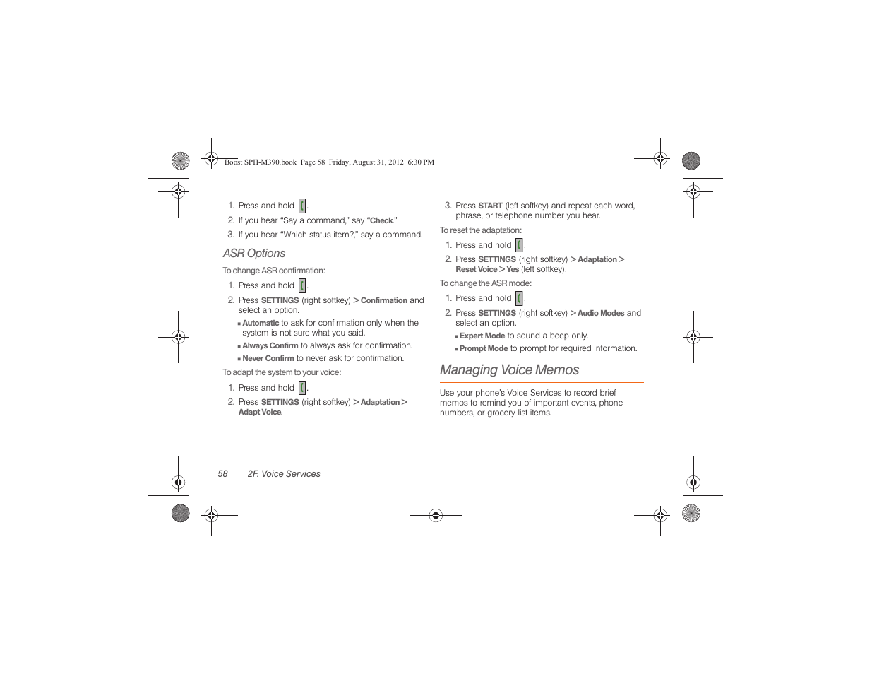 Asr options | Samsung SPH-M390ZKABST User Manual | Page 68 / 120