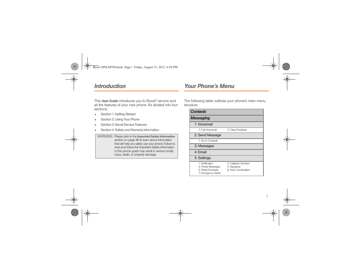 Introduction, Your phone’s menu | Samsung SPH-M390ZKABST User Manual | Page 7 / 120