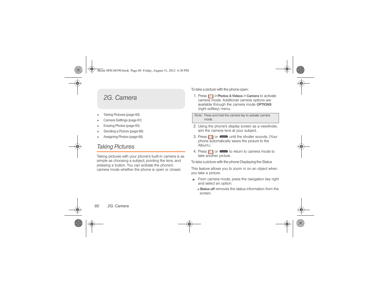 2g. camera, Taking pictures | Samsung SPH-M390ZKABST User Manual | Page 70 / 120